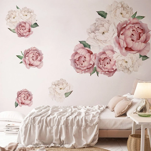 Watercolor Peony Flower Wall Stickers PVC Self Adhesive Floral Decals For Living Room Bedroom Home Wall Decoration