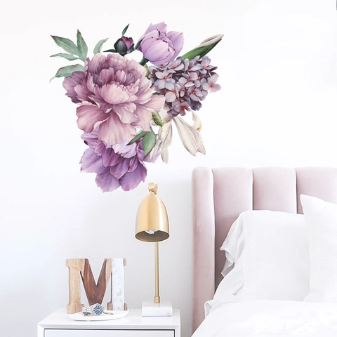 Large Purple Peony Watercolor Floral Wall Stickers PVC Removable Flower Mural Decals For Bedroom Living Room Home Decor