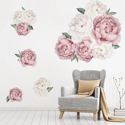 Watercolor Peony Flower Wall Stickers PVC Self Adhesive Floral Decals For Living Room Bedroom Home Wall Decoration
