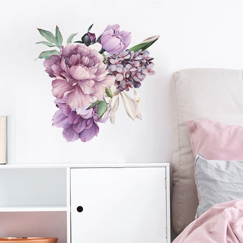 Large Purple Peony Watercolor Floral Wall Stickers PVC Removable Flower Mural Decals For Bedroom Living Room Home Decor