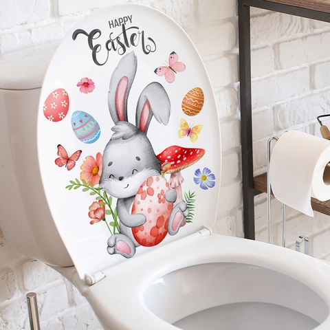 Ostern Cartoon Hase Ei Blume Schmetterling Toilettenaufkleber Badezimmer Toilettendeckel Wandtattoo PVC Abnehmbar Deko