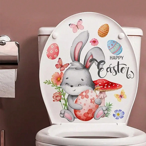 Ostern Cartoon Hase Ei Blume Schmetterling Toilettenaufkleber Badezimmer Toilettendeckel Wandtattoo PVC Abnehmbar Deko