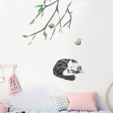Creativo Adesivo da Parete Gatto che Dorme e Ramo d'Albero Verde PVC Removibile Decorazione Domestica Murale per Soggiorno Camera da Letto