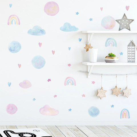 Aquarell Regenbogen Wolken Wandtattoo PVC Abnehmbare Cartoon Sterne Herz Wandaufkleber Für Kinderzimmer Babyzimmer Schlafzimmer Deko