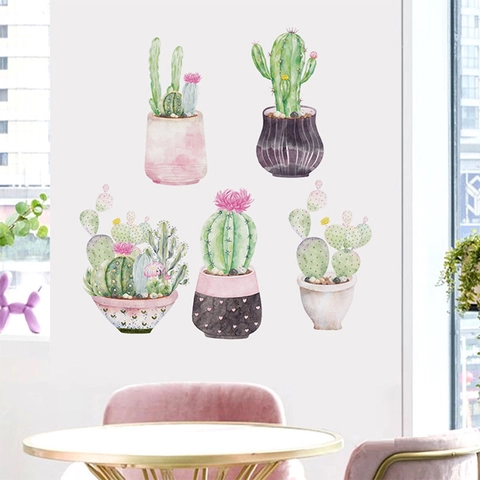 Pegatinas de Pared de Plantas en Maceta de Cactus en Acuarela Calcomanías de PVC Extraíbles para Decoración de Sala de Estar Dormitorio