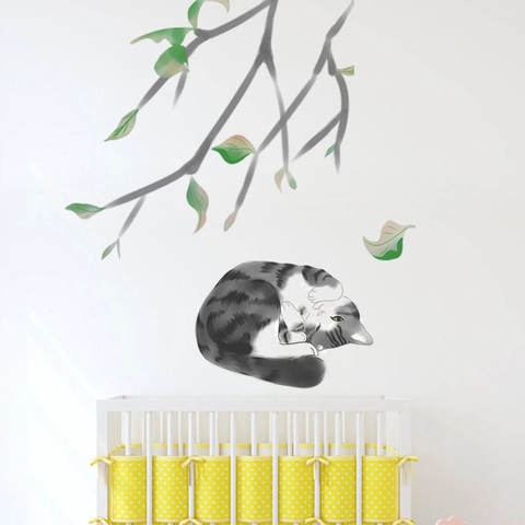 Creative Hand-Drawn Sleeping Cat And Green Tree Branch Wall Sticker PVC Removable Home Decor Mural For Living Room Bedroom