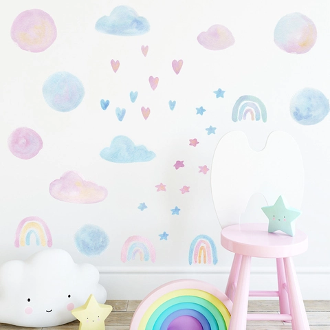 Aquarell Regenbogen Wolken Wandtattoo PVC Abnehmbare Cartoon Sterne Herz Wandaufkleber Für Kinderzimmer Babyzimmer Schlafzimmer Deko