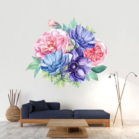 Pfingstrose Windröschen Blumen Wandaufkleber Aquarell Floral PVC Wandtattoo Für Wohnzimmer Schlafzimmer Home Deko Kunst Wandbild
