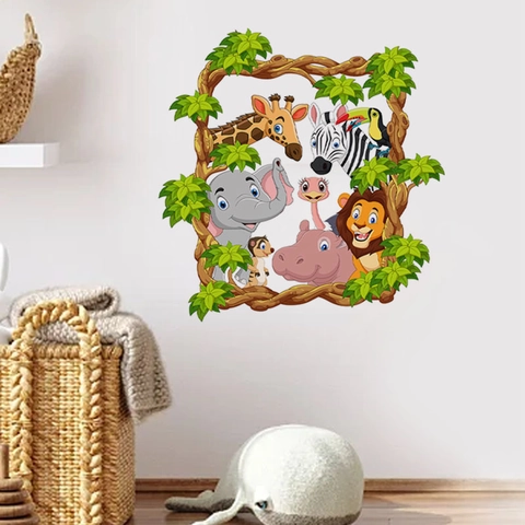Cartoon Jungle Animals Wall Sticker PVC Elephant Giraffe Lion Decor For Kids Nursery Room Bedroom DIY Home Decor Decal