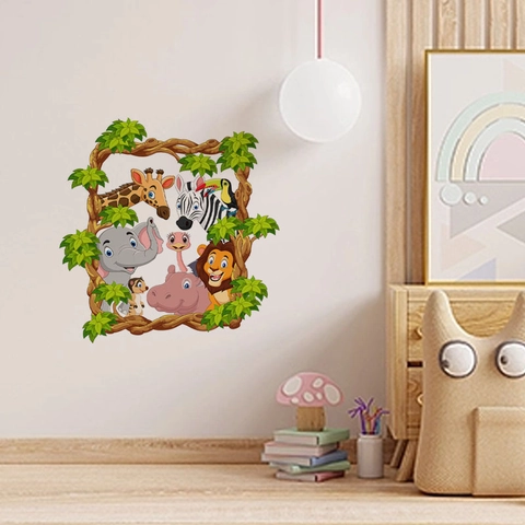 Cartoon Jungle Animals Wall Sticker PVC Elephant Giraffe Lion Decor For Kids Nursery Room Bedroom DIY Home Decor Decal