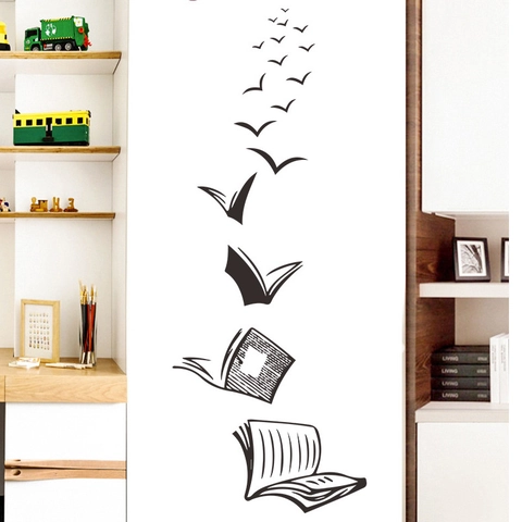 Creatieve Vliegende Vogels Uit Open Boek Muursticker Zwart PVC Kunst Decoratie Voor Bibliotheek Slaapkamer Woonkamer Huis