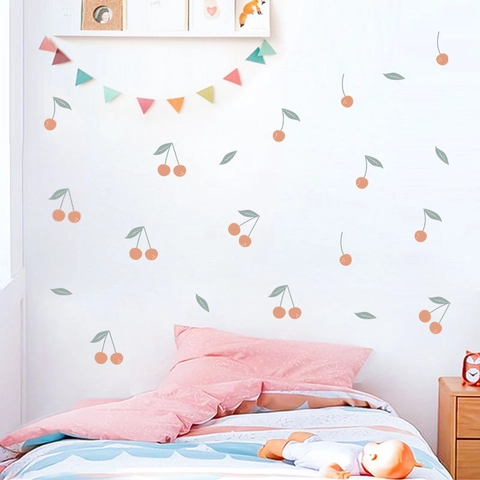 Cute Cartoon Cherry Fruit Wall Stickers PVC Removable Self-Adhesive Wall Decals For Kids Room Nursery Bedroom Home Decor
