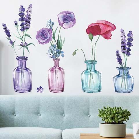 Aquarell Blumen Vase Wandaufkleber PVC Abnehmbare Florale Dekore Lavendel Mohn Kunst Für Wohnzimmer Schlafzimmer Home Deko