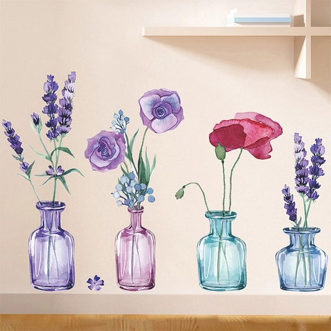 Aquarell Blumen Vase Wandaufkleber PVC Abnehmbare Florale Dekore Lavendel Mohn Kunst Für Wohnzimmer Schlafzimmer Home Deko
