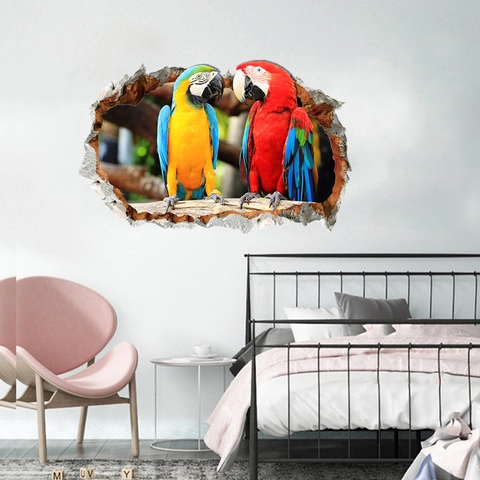 3D Visuell Papagei Wandaufkleber Broken Wall Kreatives Tiermuster PVC Wandtattoo Für Wohnzimmer Schlafzimmer Home Decor Wandbild