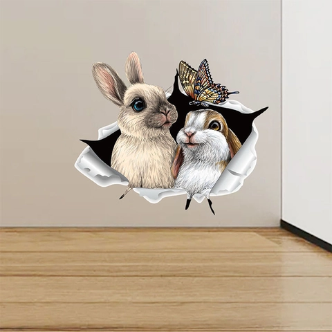 Vinilo de Pared 3D Efecto Pared Rota Conejo Dibujos Animados Mariposa Mural de PVC Removible Para Sala Dormitorio Niños