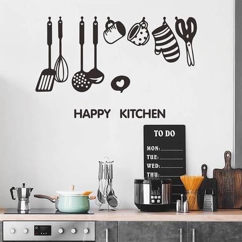 Happy Kitchen Slogan Wall Stickers Kitchen Utensils Silhouette PVC Decals For Dining Room Restaurant Home Decoration