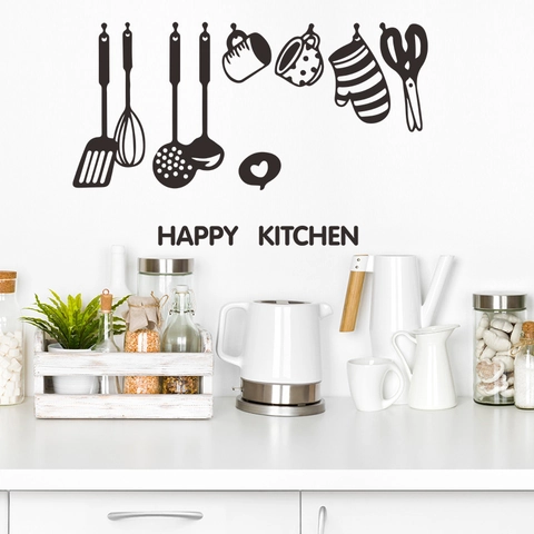 Happy Kitchen Slogan Wall Stickers Kitchen Utensils Silhouette PVC Decals For Dining Room Restaurant Home Decoration