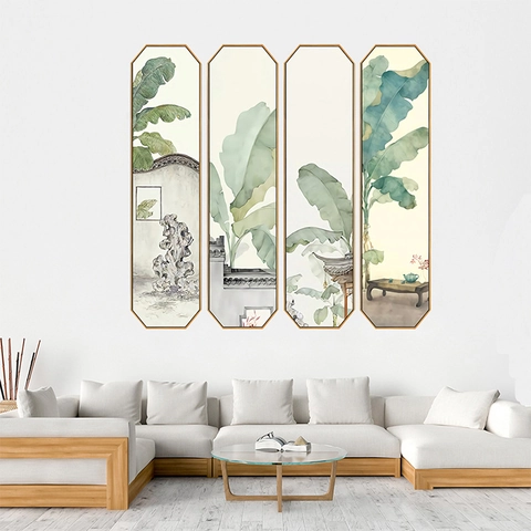 Chinesisches Tuschmalerei Bananenblatt Wandtattoo Set Achteck Garten Design PVC Wasserdicht Abnehmbar Deko Aufkleber