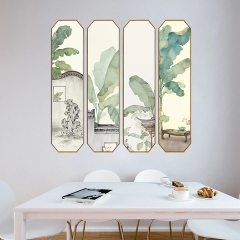 Chinesisches Tuschmalerei Bananenblatt Wandtattoo Set Achteck Garten Design PVC Wasserdicht Abnehmbar Deko Aufkleber