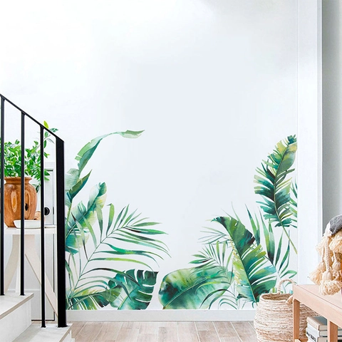 Adesivo Murale Foglie di Piante Tropicali Verde Acquerello Foglia di Banano Palma PVC Adesivo Fai da Te per Soggiorno Casa