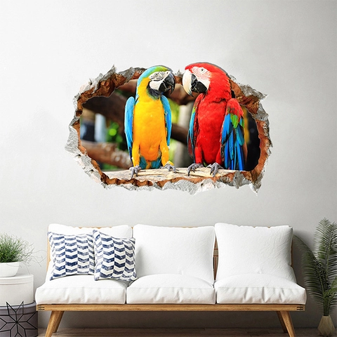 3D Visuell Papagei Wandaufkleber Broken Wall Kreatives Tiermuster PVC Wandtattoo Für Wohnzimmer Schlafzimmer Home Decor Wandbild