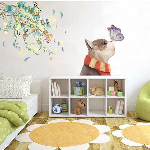 Adesivo da Parete Gatto Farfalla Vite di Fiori Acquerello Decalcomania in PVC Rimovibile per Cameretta Bambini Camera Letto