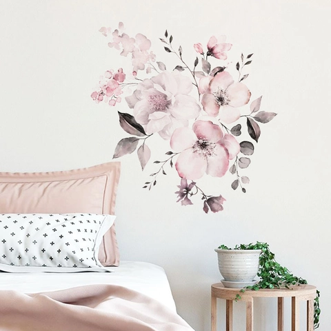 Adesivo da Parete con Fiori e Foglie Rosa Acquerello PVC Autoadesivo Murale Floreale per Camera da Letto Soggiorno Decorazione Casa