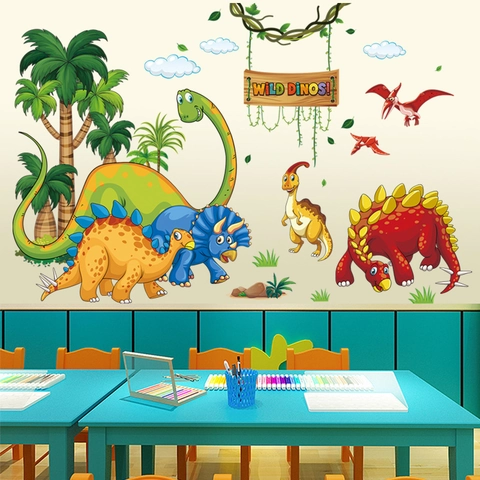 Cartoon Dinosaur Wall Stickers PVC Waterproof Removable Decals For Kids Room Bedroom Nursery School DIY Art Decoration
