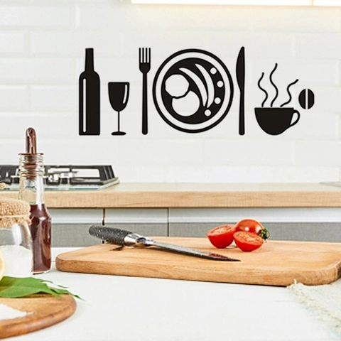 Modern Black Kitchen Dining PVC Wall Stickers Cutlery Cup Wine Bottle Silhouette Decals for Restaurant Cupboard Home Decor