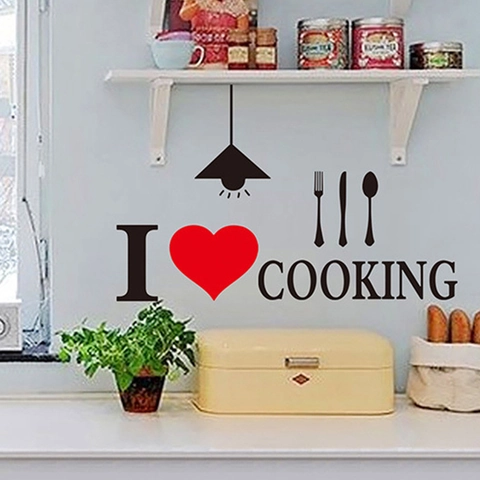 I Love Cooking DIY Kitchen Wall Stickers Removable Self Adhesive PVC Decal With Heart Cutlery Pendant Light Pattern Wall Decor