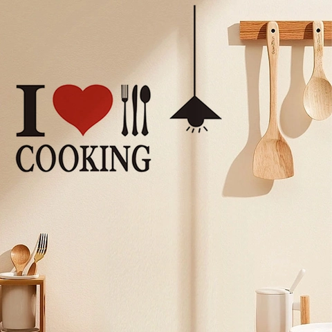 I Love Cooking DIY Kitchen Wall Stickers Removable Self Adhesive PVC Decal With Heart Cutlery Pendant Light Pattern Wall Decor