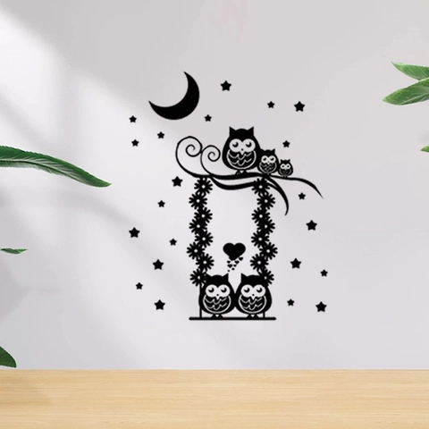 Cartoon Owl Family Swing Wall Sticker PVC Self Adhesive Black Silhouette Moon Stars Decor For Kids Bedroom Reading Corner