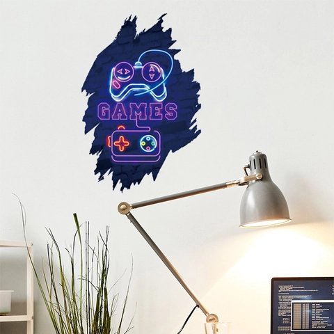 Neon Game Controller Wall Sticker PVC Removable Gaming Mural Art Games Word Decor For Gamer Room Bedroom Background Decoration