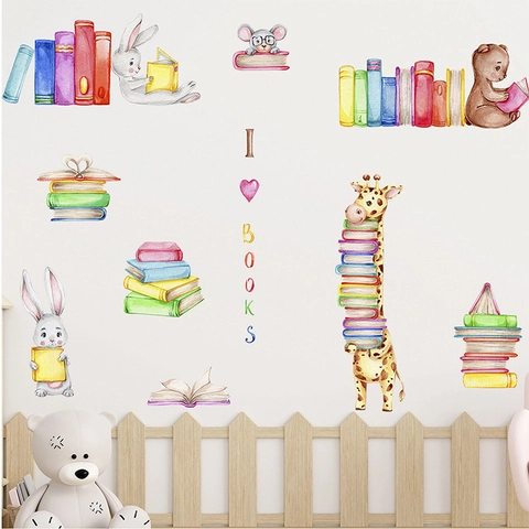 Cartoon Tier Lesen PVC Wandsticker Abnehmbar Aquarell Kindergarten Deko Pädagogische Bücher Muster Aufkleber Für Kinderzimmer