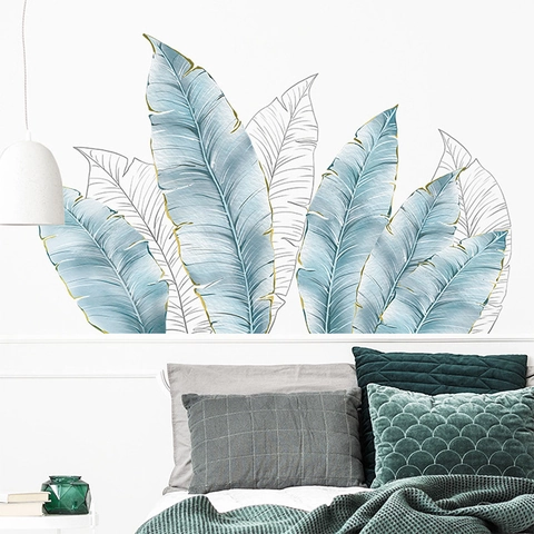 Moderne Tropische Bananenblatt Wandtattoo Nordisch Blau Gold Blatt PVC Wandaufkleber Für Schlafzimmer Wohnzimmer Haus Dekoration