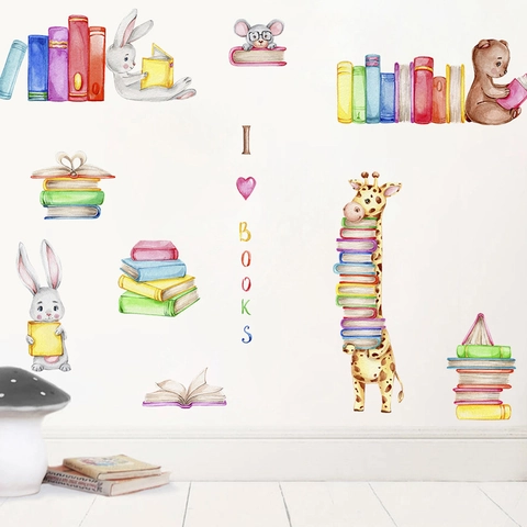 Cartoon Tier Lesen PVC Wandsticker Abnehmbar Aquarell Kindergarten Deko Pädagogische Bücher Muster Aufkleber Für Kinderzimmer