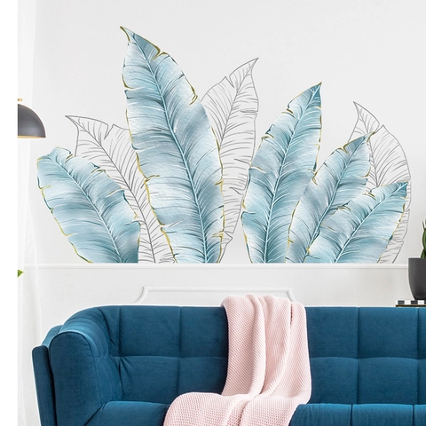 Moderne Tropische Bananenblatt Wandtattoo Nordisch Blau Gold Blatt PVC Wandaufkleber Für Schlafzimmer Wohnzimmer Haus Dekoration