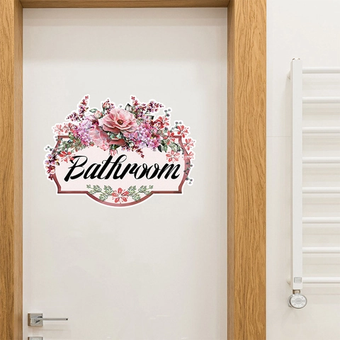 Pegatina de Pared para Puerta de Baño Floral Patrón de Flor de Rosa Rosa PVC Impermeable Removible Calcomanía Decorativa Hogar