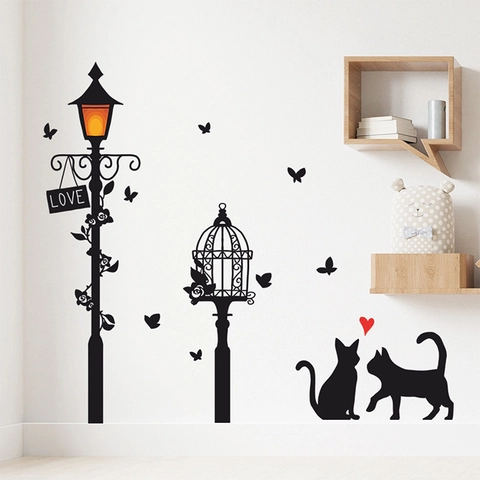 Adesivi Murali Silhouette Gatto Nero Lampione PVC Removibile Cuore Amore Farfalla Decorazione Casa Fai da Te Adesivi da Parete