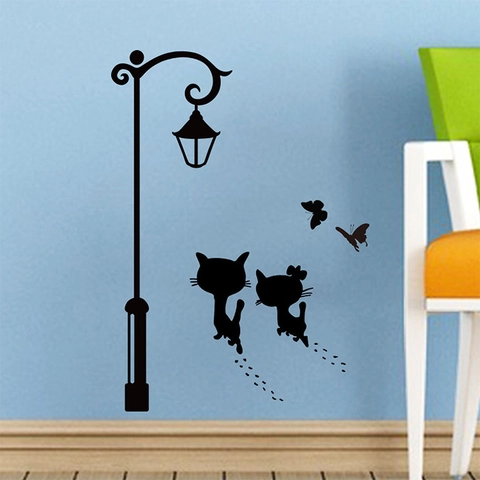 Pegatina de Pared de Farola con Silueta de Gato Negro Mural de PVC Extraíble DIY para Sala de Estar Dormitorio Decoración