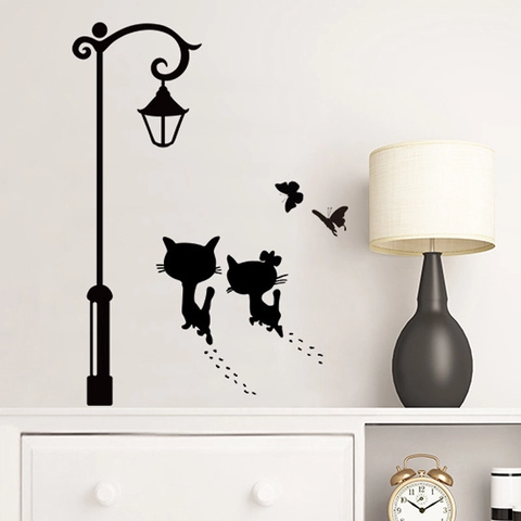 Pegatina de Pared de Farola con Silueta de Gato Negro Mural de PVC Extraíble DIY para Sala de Estar Dormitorio Decoración