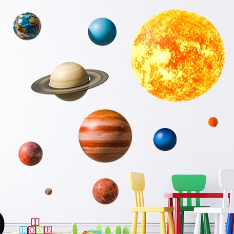 Solar System Planets Wall Stickers PVC Self Adhesive Realistic Outer Space Galaxy Decals For Kids Room Classroom Home Decor
