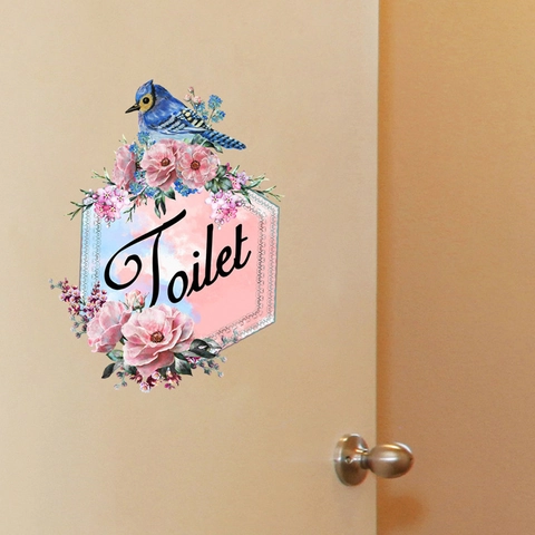 Vinilo Decorativo de Pared para Inodoro con Pájaro Azul y Flores Rosas Marco Hexagonal de PVC para Baño