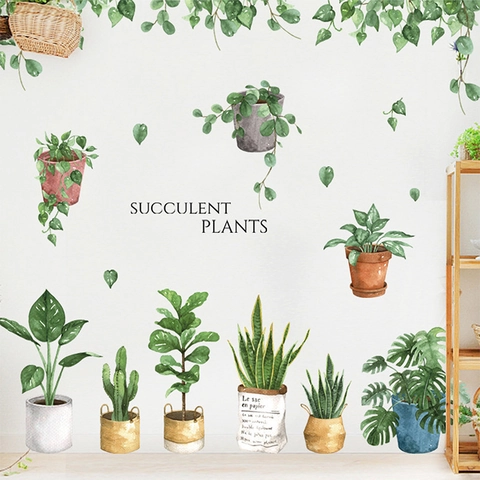 Aquarell Sukkulenten Wandaufkleber Abnehmbare PVC Grüne Topfpflanzen Wandtattoos Für Wohnzimmer Schlafzimmer Deko