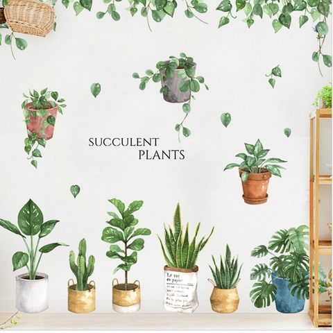 Aquarell Sukkulenten Wandaufkleber Abnehmbare PVC Grüne Topfpflanzen Wandtattoos Für Wohnzimmer Schlafzimmer Deko