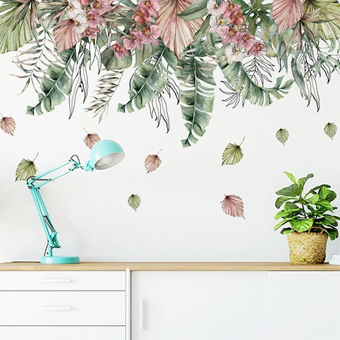 Tropical Green Palm Tree Monstera Wall Sticker Watercolor Pink Flower PVC DIY Decorative Decal For Living Room Bedroom Office