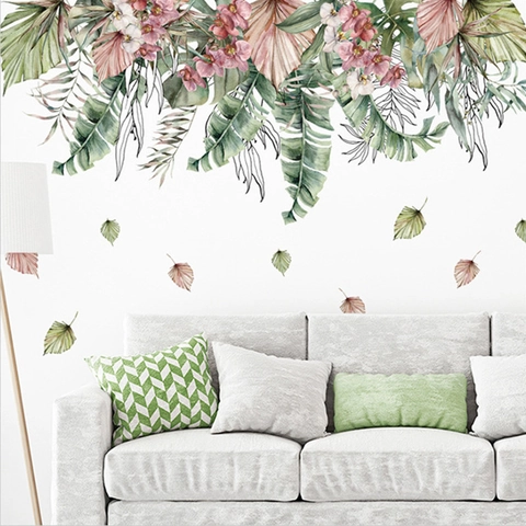 Tropical Green Palm Tree Monstera Wall Sticker Watercolor Pink Flower PVC DIY Decorative Decal For Living Room Bedroom Office