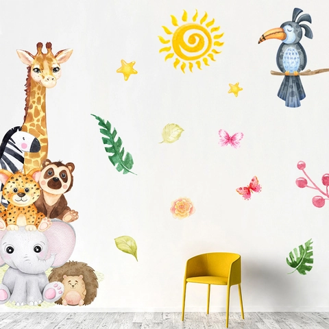 Pegatinas de Pared de Animales en Acuarela Elefante Jirafa Cebra Calcomanía de PVC Para Decoración de Habitación Infantil
