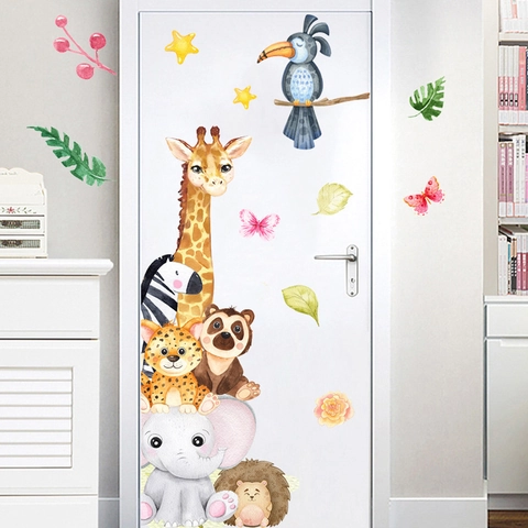 Pegatinas de Pared de Animales en Acuarela Elefante Jirafa Cebra Calcomanía de PVC Para Decoración de Habitación Infantil